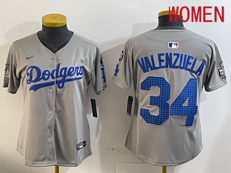 Women Los Angeles Dodgers #34 Valenzuela Grey Game 2024 Nike MLB Jersey style 12055->women mlb jersey->Women Jersey